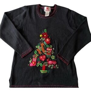 Womens New Quacker Factory Black Christmas Tree Light Up Grandma Sweater Size‎ M